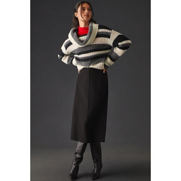 NWT Anthropologie Striped Turtleneck Sweater L Black White Wool-Blend - Picture 2 of 9